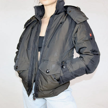 Vintage 00er Y2K WELLENSTEYN Winterjacke gefüttert mit Kapuze schwarz khaki metallic S
