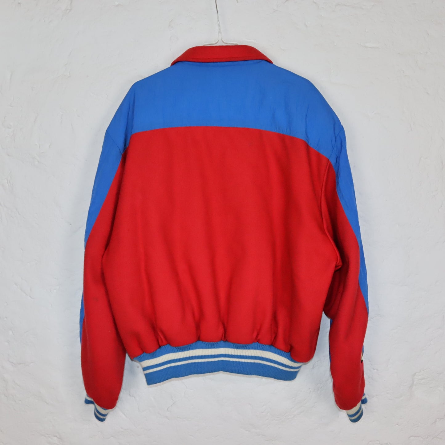 Vintage 80s 90s PUMA college jacket baseball jacket lined blue red Chinon crest patch shoulder pads 50