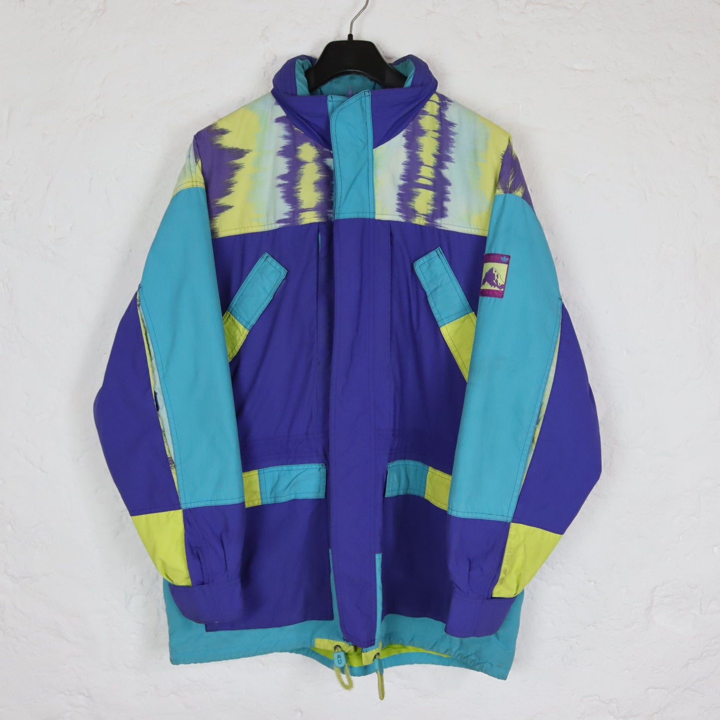 Vintage 80er 90er ADIDAS Trekking Jacke Windbreaker Parka Lila türkis gelb Stehkragen crazy pattern 50 L