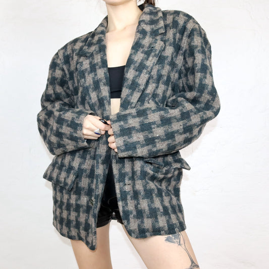 Vintage 80s 90s RE ARTU wool coat blazer new wool shoulder pads checked brown dark blue 50 L