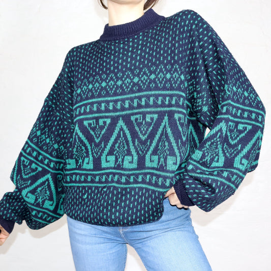Vintage 80er 90er SONAVENTURA Wollpullover Wolle Strickpullover dünn gemustert dunkelblau grün XL
