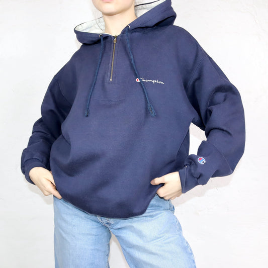 Vintage 80er 90er CHAMPION Hoodie Pullover Reißverschluss dunkelblau grau XL