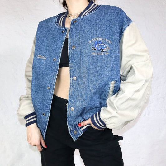 Vintage 80s 90s HARTWELL VIASPORT baseball jacket denim jacket beige blue Riverbend Acres Melrose L