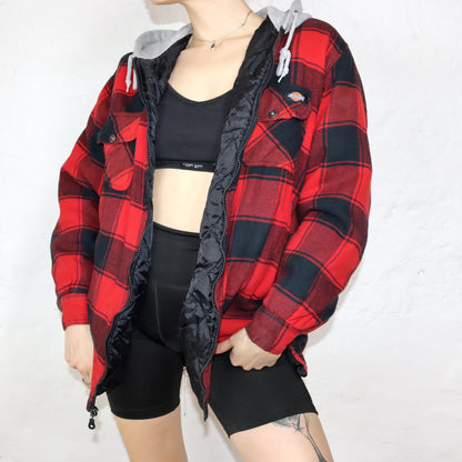 Vintage 90s 00s Y2k DICKIES Workwear Flannel Shirt Jacket with Hood Lined Black Red L