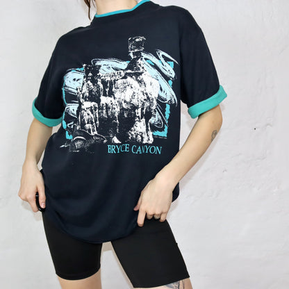 Vintage 80s 90s DIPORT USA T-Shirt short sleeve black turquoise print Bryce Canyon XL
