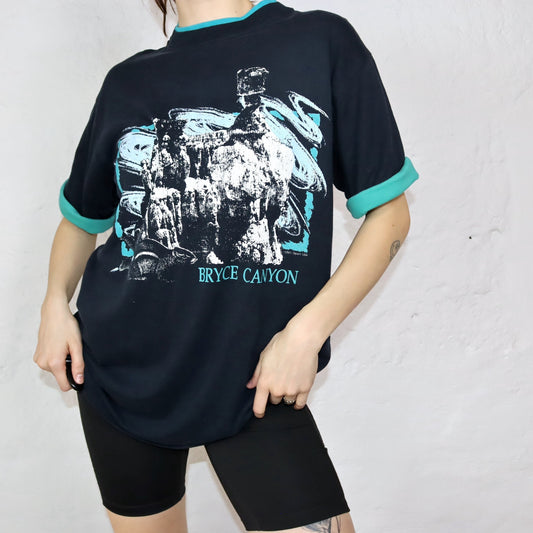 Vintage 80s 90s DIPORT USA T-Shirt short sleeve black turquoise print Bryce Canyon XL