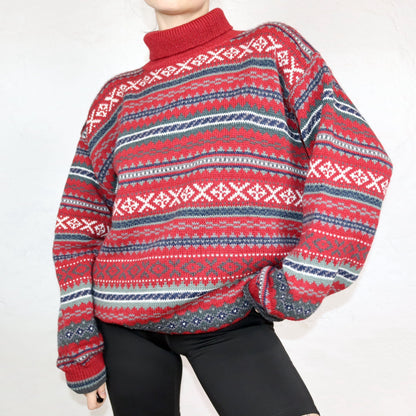 Vintage 80er 90er TRADER Wollpullover Pullover Rollkragen Alpaka Wolle gemustert rot L