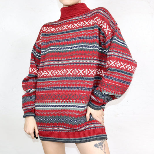 Vintage 80er 90er TRADER Wollpullover Pullover Rollkragen Alpaka Wolle gemustert rot L