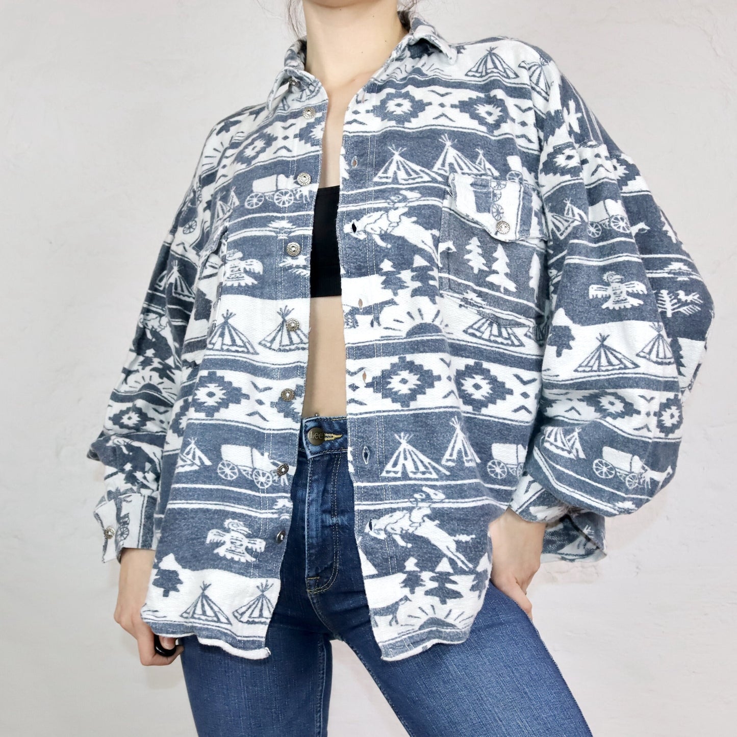Vintage 80s 90s SALT &amp; LAKE flannel shirt long sleeve patterned grey white L