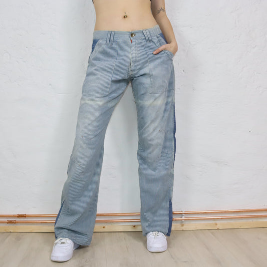 Vintage 90s 00s Y2k ENERGIE Baggy Pants Wide Leg Denim Striped Low Waist Deadstock W32