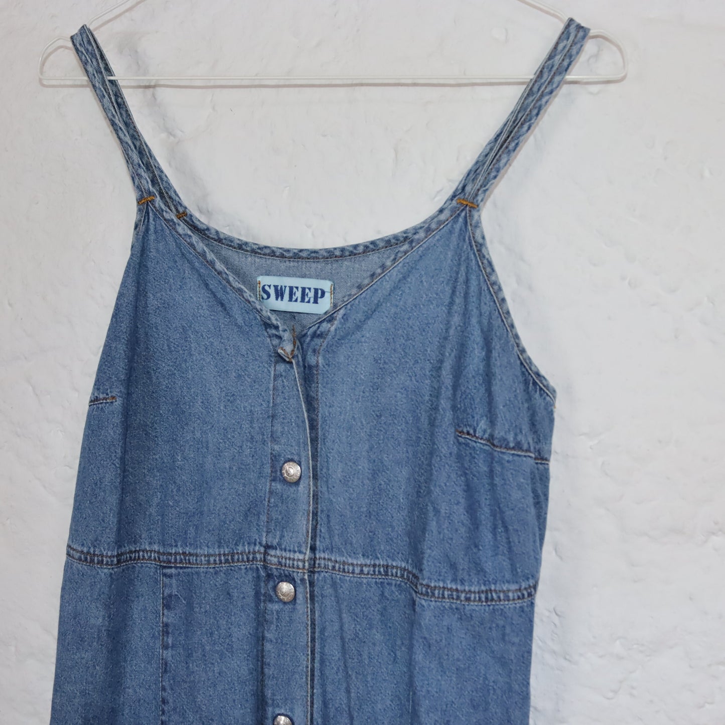Vintage 80s 90s SWEEP Maxi Dress Denim Jeans Dress Button Front M