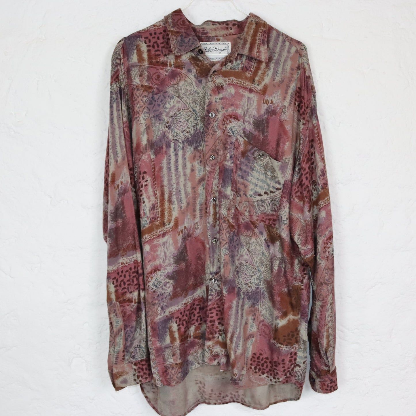 Vintage 80er 90er FABIO MORGANI Hemd langarm crazy pattern dunkelrot Viskose XL