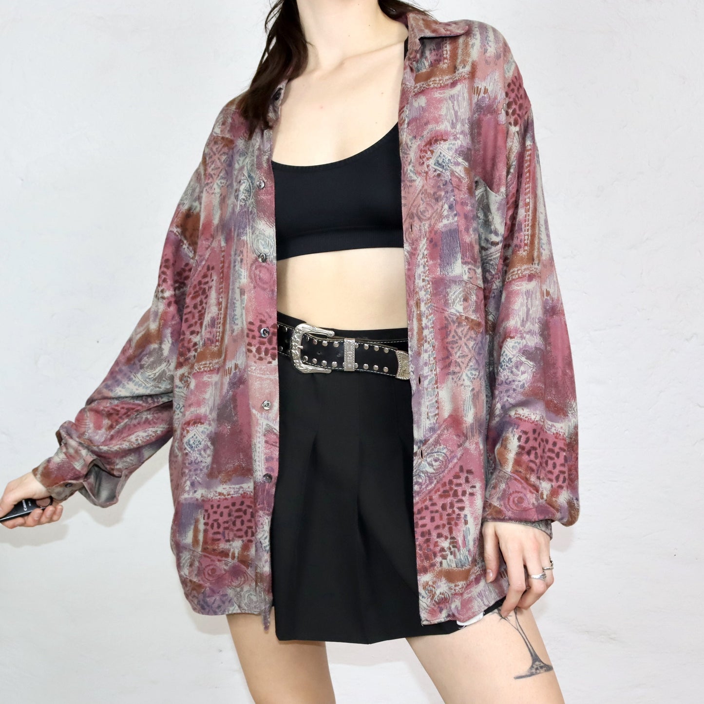 Vintage 80er 90er FABIO MORGANI Hemd langarm crazy pattern dunkelrot Viskose XL