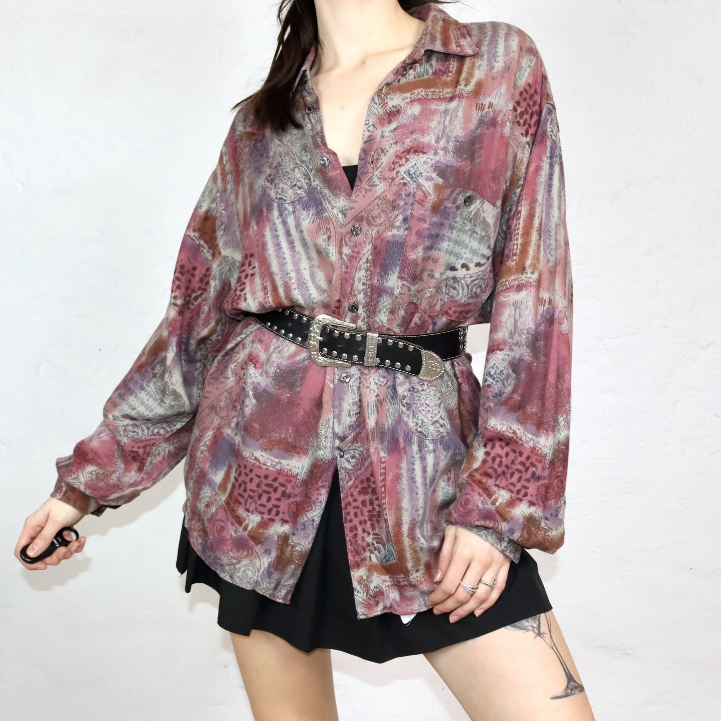 Vintage 80er 90er FABIO MORGANI Hemd langarm crazy pattern dunkelrot Viskose XL