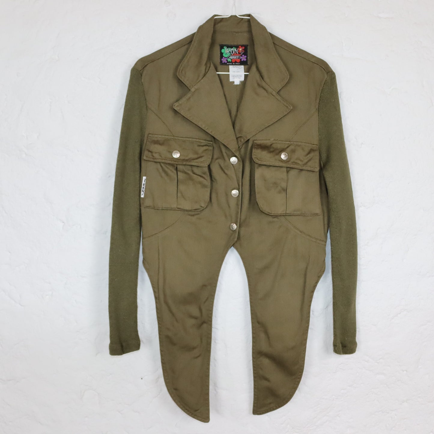 Vintage 80s 90s AVANT IRONS blouse shirt to tie long sleeve knit denim khaki 38
