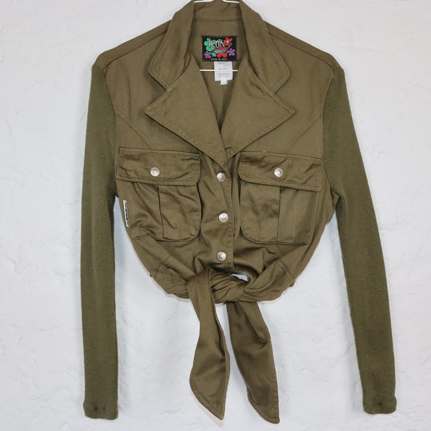 Vintage 80s 90s AVANT IRONS blouse shirt to tie long sleeve knit denim khaki 38