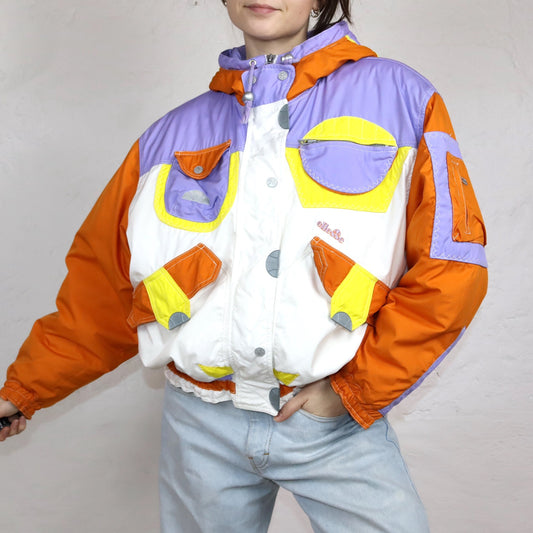 Vintage 80s 90s ELLESSE Rare Ski Jacket Winter Jacket Lined White Orange Lilac Yellow Thermal Insulation 38/40