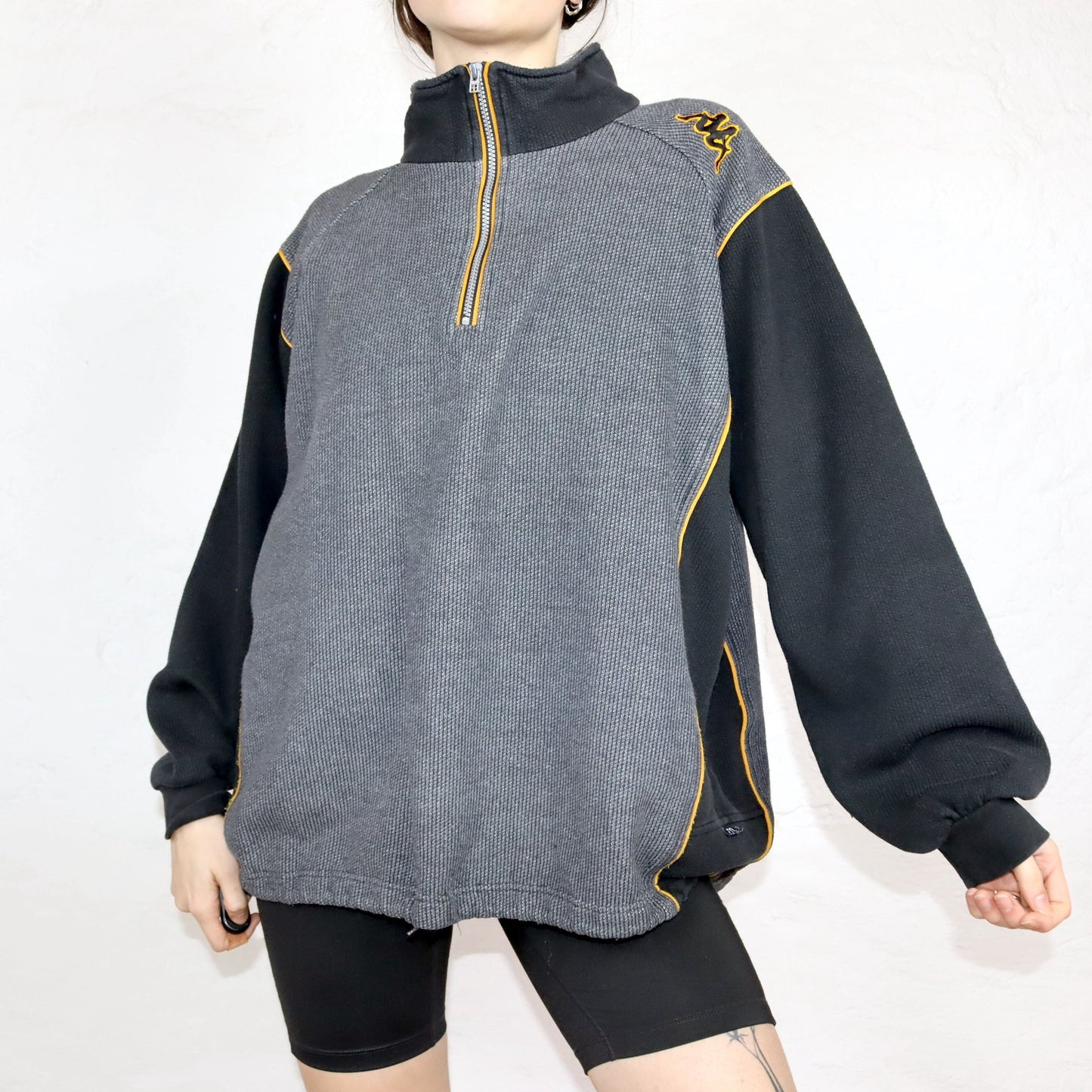 Vintage 80er 90er KAPPA Sweatshirt Pullover Stehkragen grau schwarz gelb XL