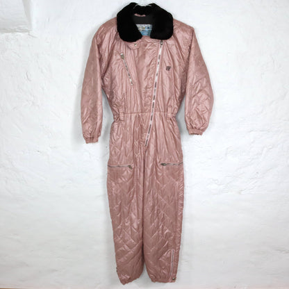 Vintage 80er 90er BELFE Skianzug Skioverall glänzend rosa Faux Fur Kragen Schulterpolster 42