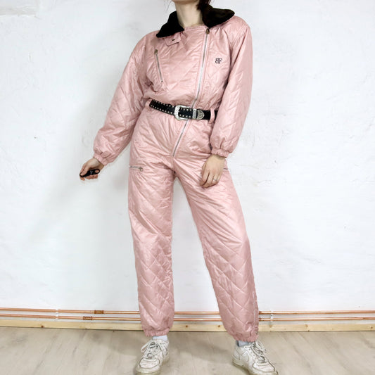Vintage 80er 90er BELFE Skianzug Skioverall glänzend rosa Faux Fur Kragen Schulterpolster 42