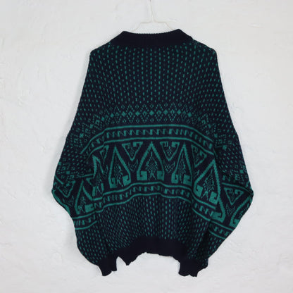Vintage 80er 90er SONAVENTURA Wollpullover Wolle Strickpullover dünn gemustert dunkelblau grün XL