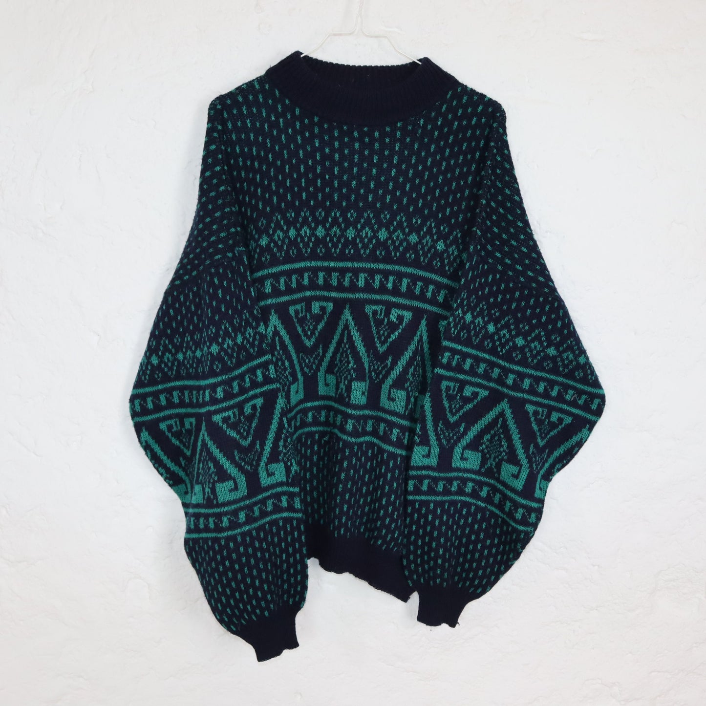Vintage 80er 90er SONAVENTURA Wollpullover Wolle Strickpullover dünn gemustert dunkelblau grün XL