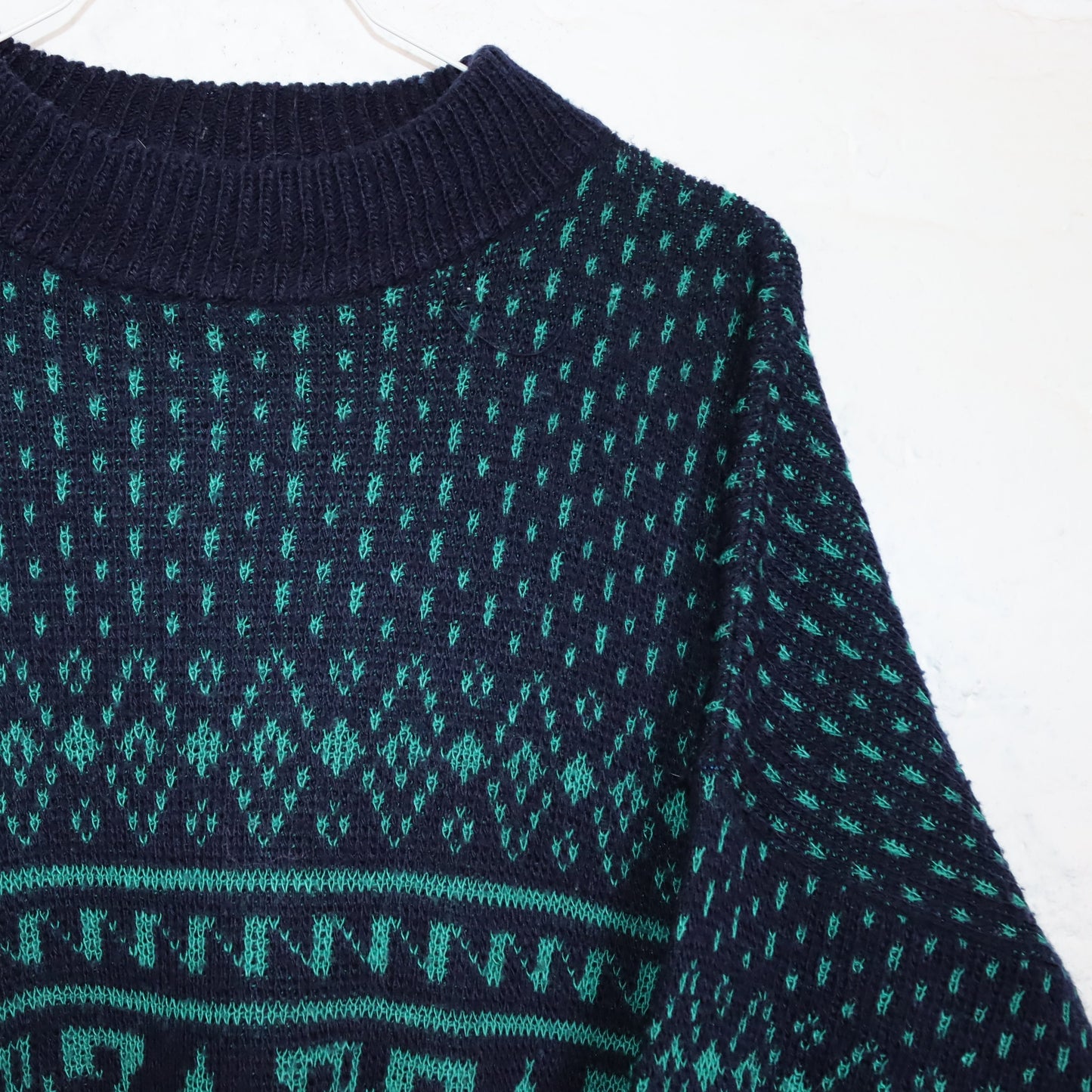 Vintage 80er 90er SONAVENTURA Wollpullover Wolle Strickpullover dünn gemustert dunkelblau grün XL