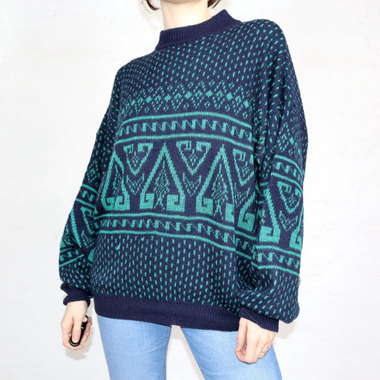 Vintage 80er 90er SONAVENTURA Wollpullover Wolle Strickpullover dünn gemustert dunkelblau grün XL