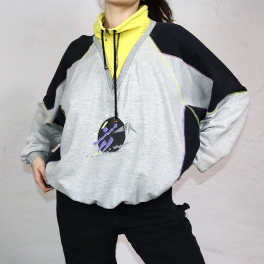 Vintage 80er 90er JOWITEX Sweatshirt Pullover Stehkragen Reißverschluss Print grau schwarz gelb L