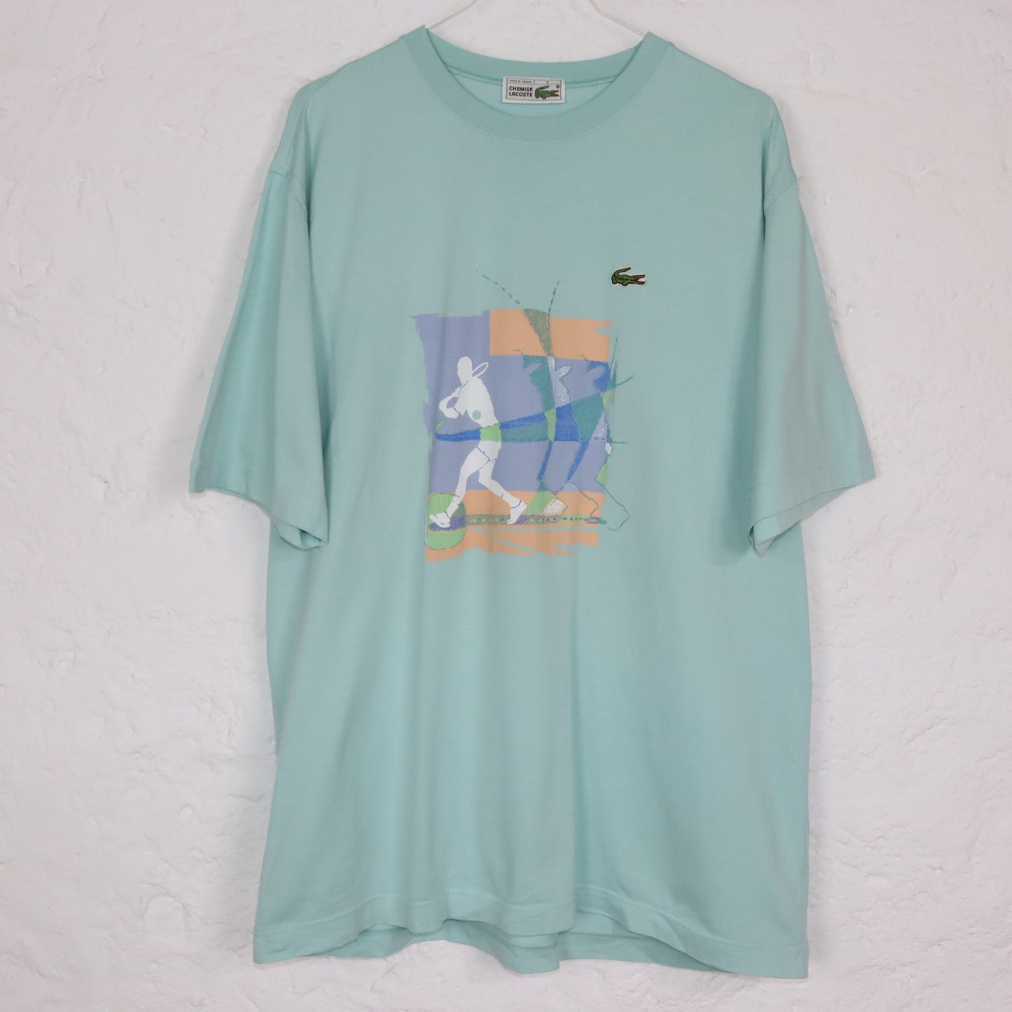 Vintage 80s 90s LACOSTE T-Shirt short sleeve print turquoise 5 L