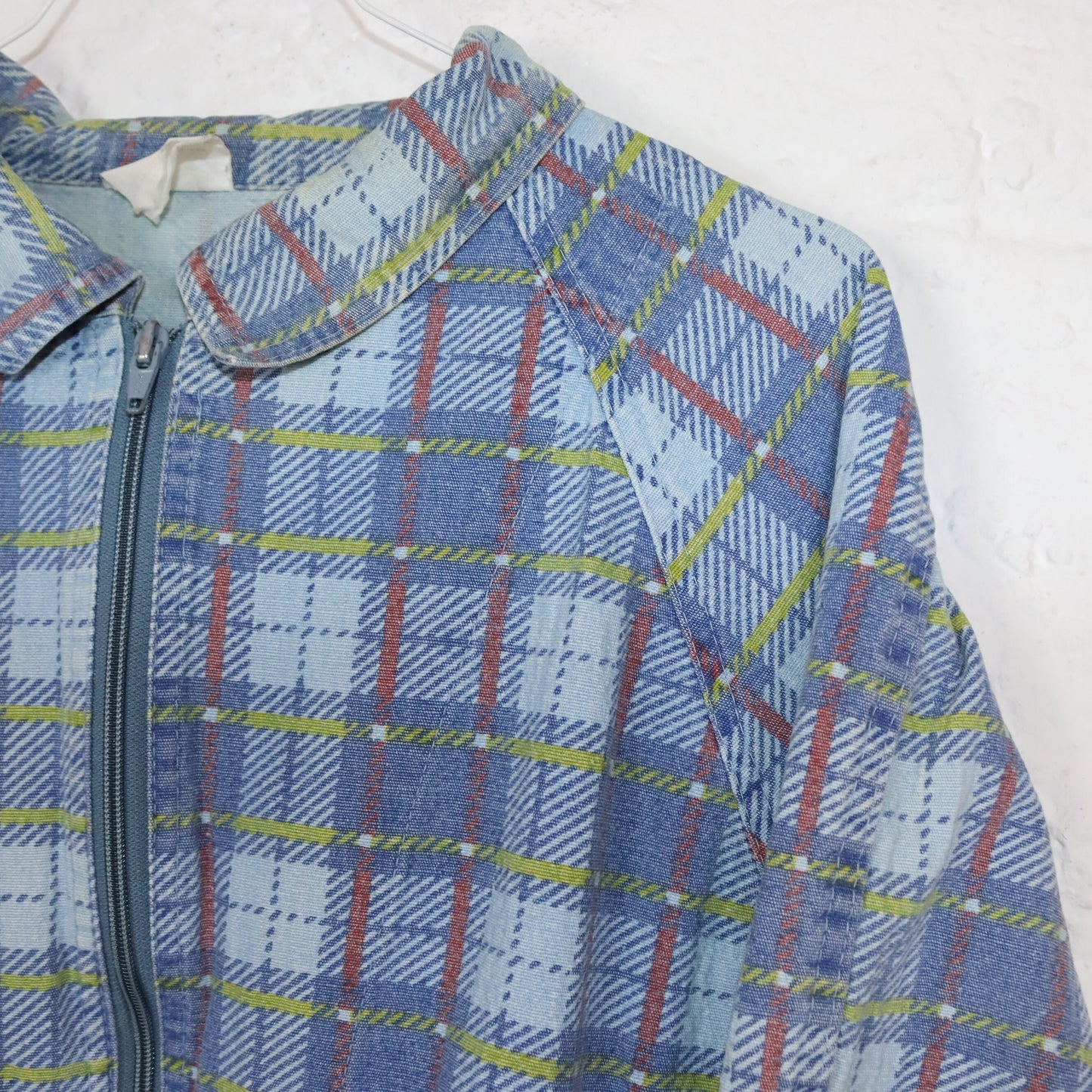 Vintage 80er 90er Jeansjacke Bomberjacke Jacke kariert Denim gelb rot blau 38
