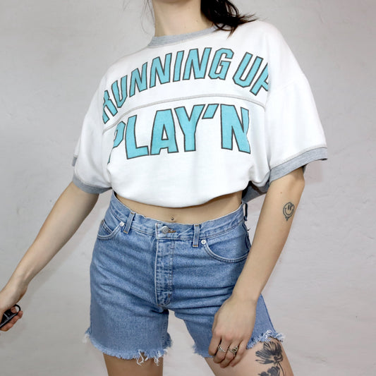 Vintage 80er 90er Sweatshirt Top kurzarm crop bauchfrei weiß grau M/L