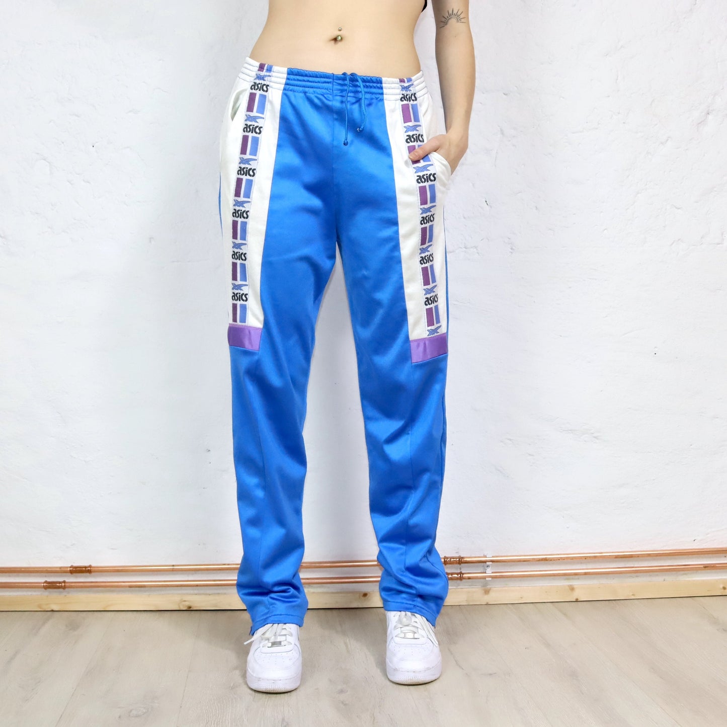Vintage 80s 90s ASICS jogging pants training pants blue white shiny 50 L