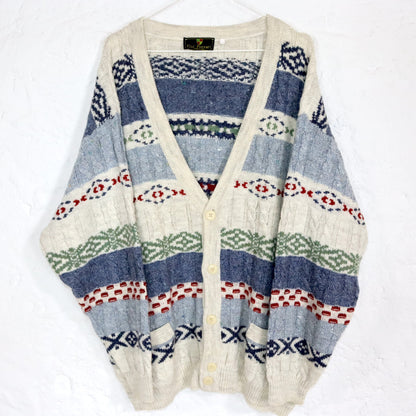 Vintage 80er 90er GIO FERRARI Premium Cardigan Strickjacke Wolle gemustert beige blau XL