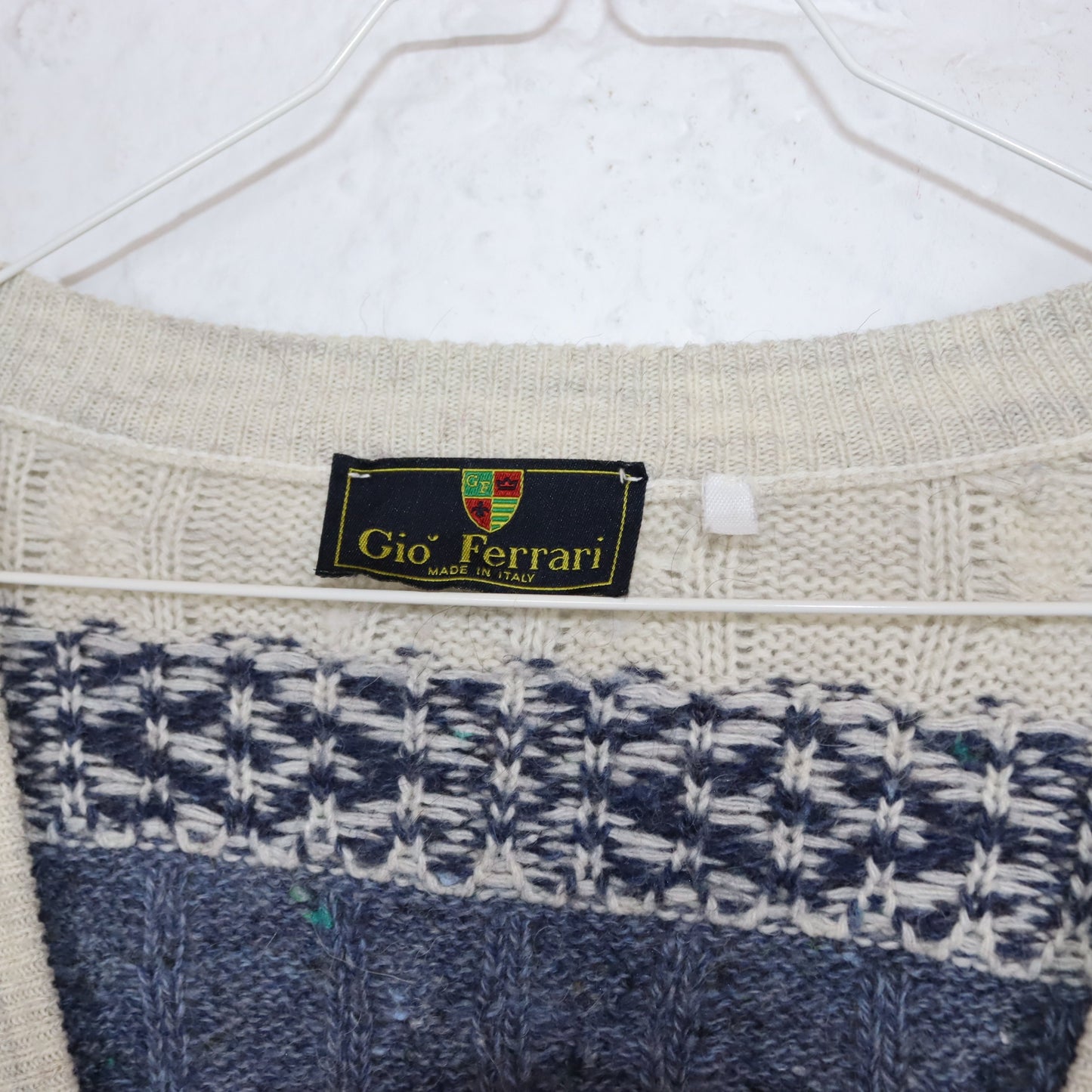 Vintage 80er 90er GIO FERRARI Premium Cardigan Strickjacke Wolle gemustert beige blau XL