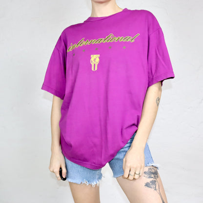 Vintage 80s 90s NIKE International T-Shirt short sleeve purple pink with print L