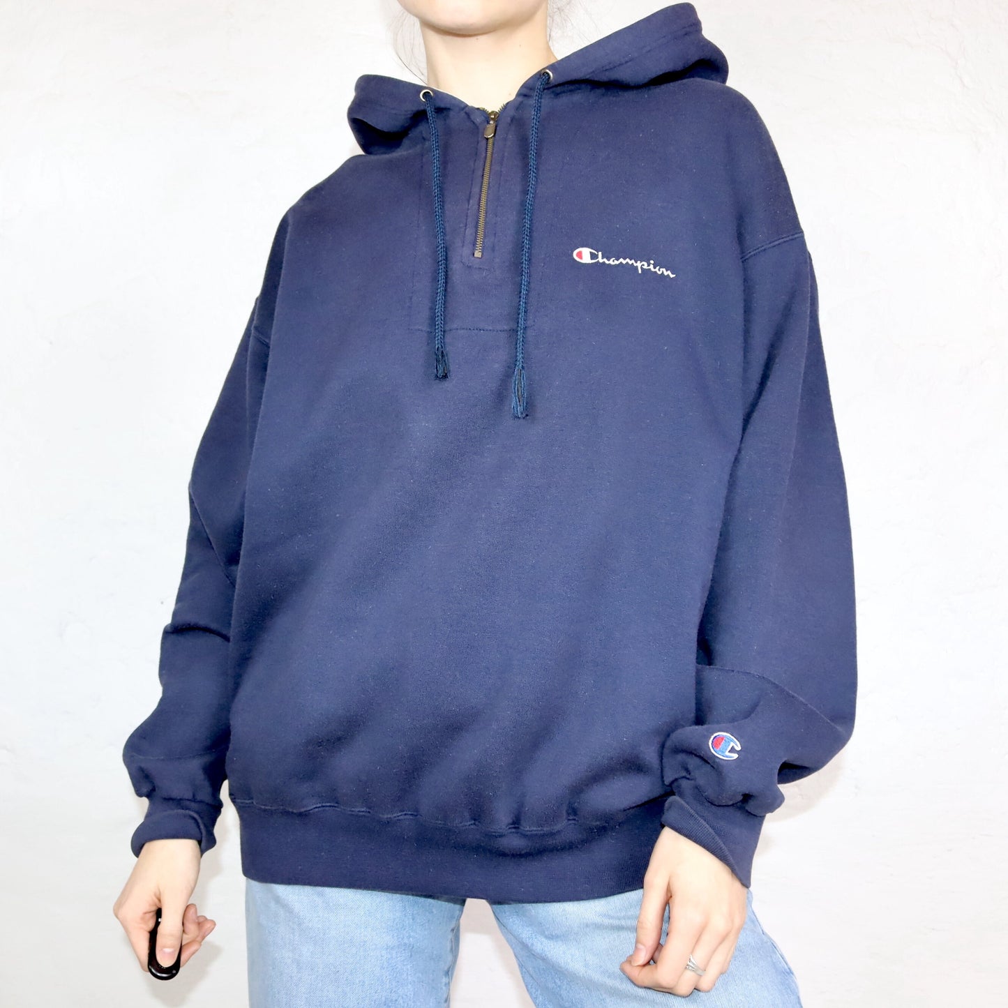 Vintage 80er 90er CHAMPION Hoodie Pullover Reißverschluss dunkelblau grau XL