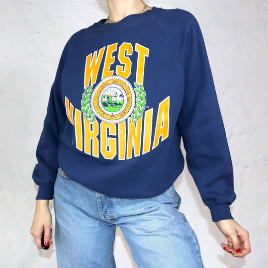 Vintage 80er 90er MILLER Sweatshirt Pullover West Virginia Print dunkelblau L