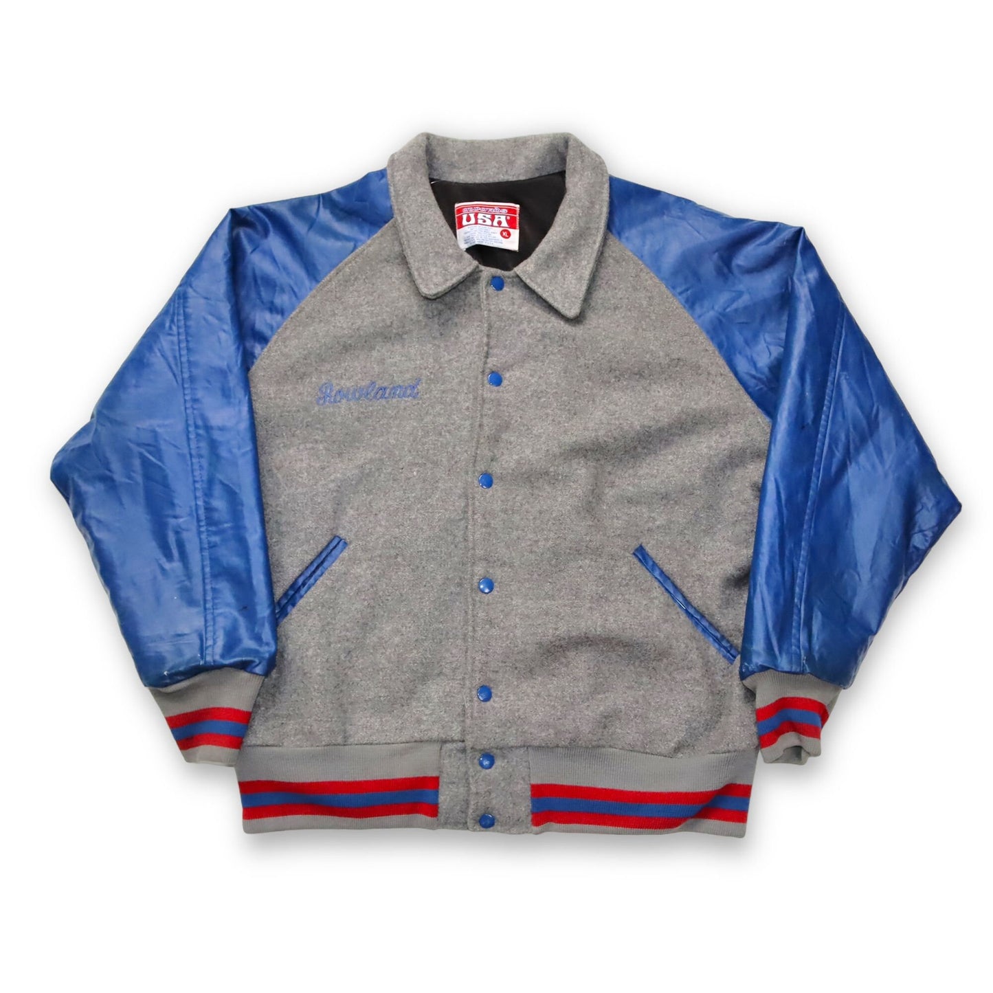 Vintage AWARDS USA jacket college jacket baseball jacket Rowland wool grey blue XL