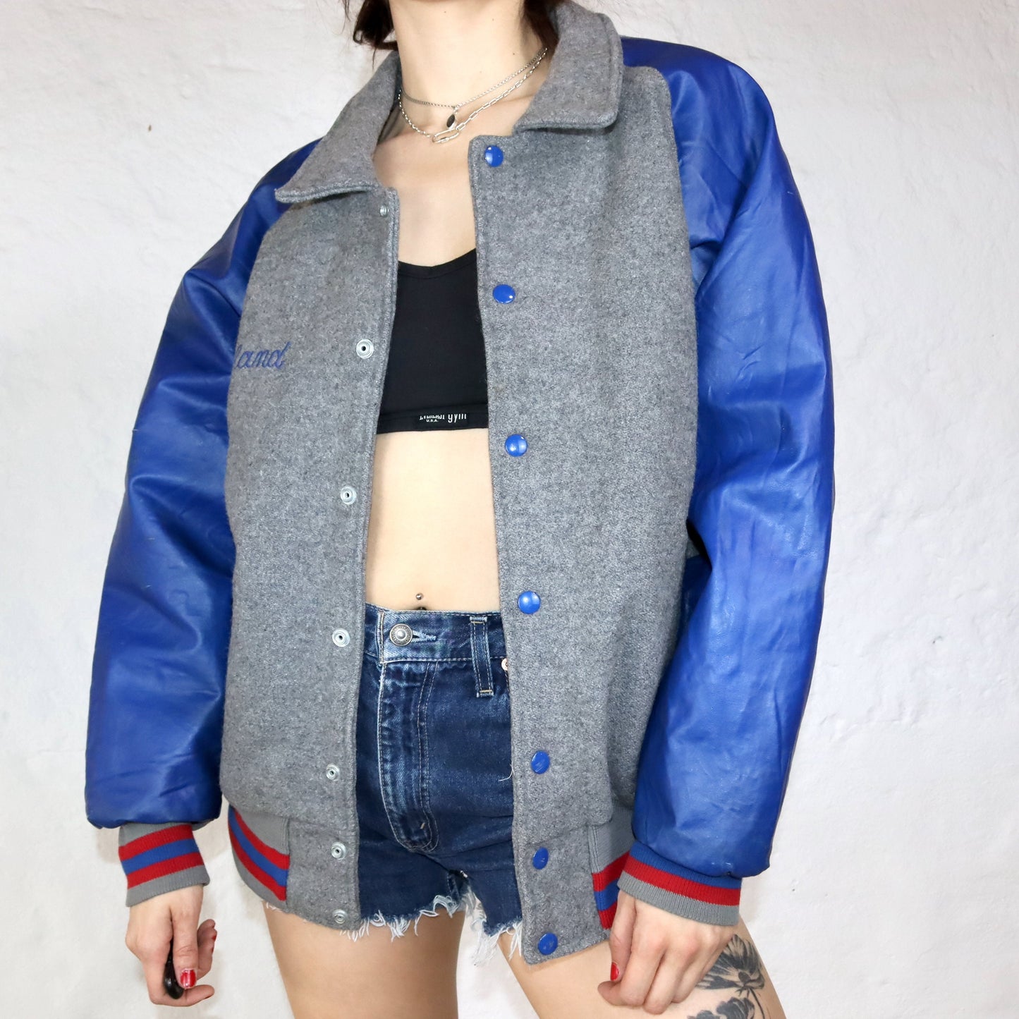 Vintage AWARDS USA jacket college jacket baseball jacket Rowland wool grey blue XL