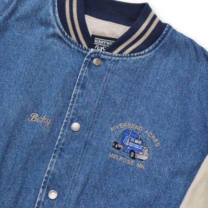 Vintage 80s 90s HARTWELL VIASPORT baseball jacket denim jacket beige blue Riverbend Acres Melrose L