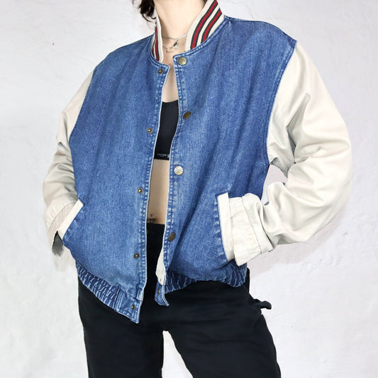 Vintage 80s 90s GREAT LAND baseball jacket jacket denim beige blue S