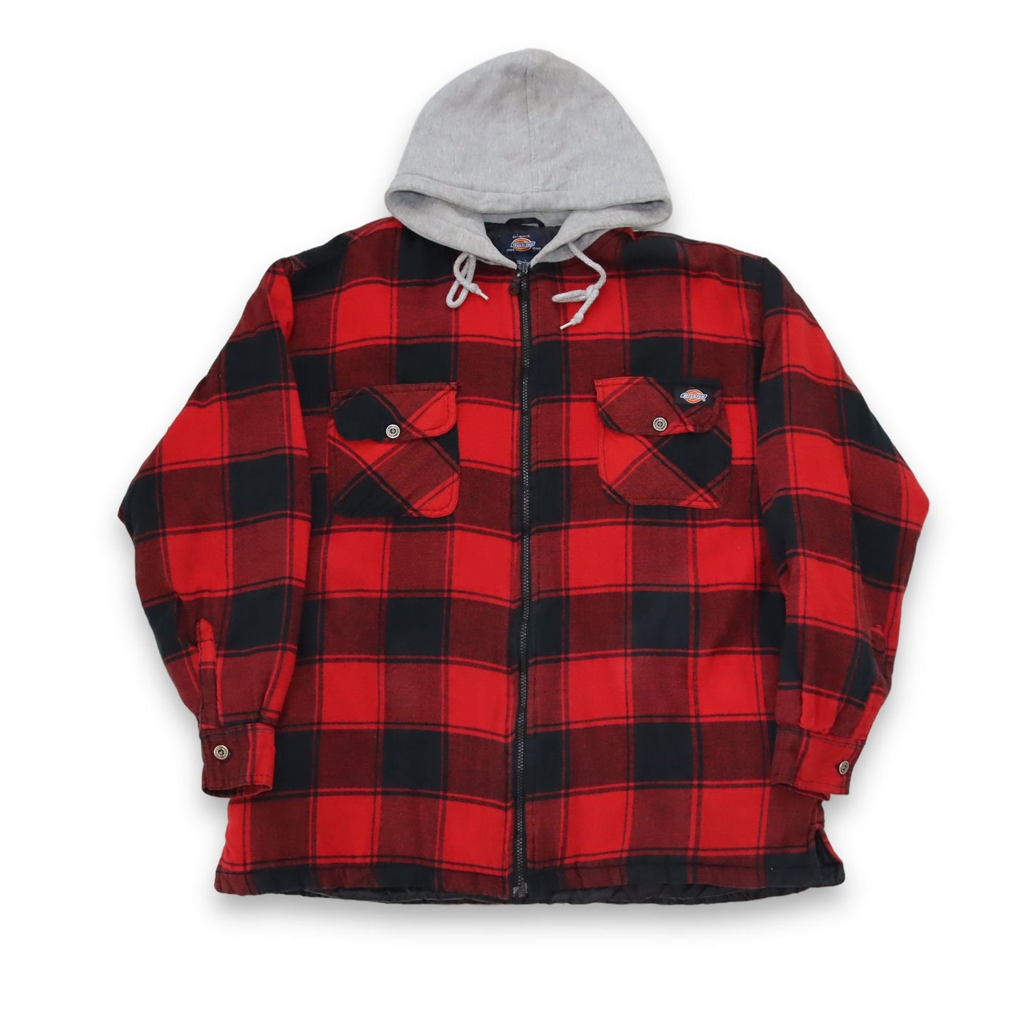 Vintage 90s 00s Y2k DICKIES Workwear Flannel Shirt Jacket with Hood Lined Black Red L