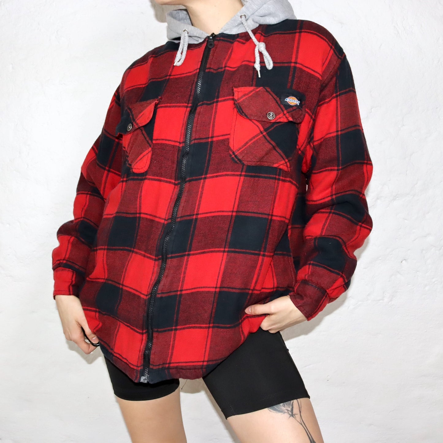Vintage 90s 00s Y2k DICKIES Workwear Flannel Shirt Jacket with Hood Lined Black Red L
