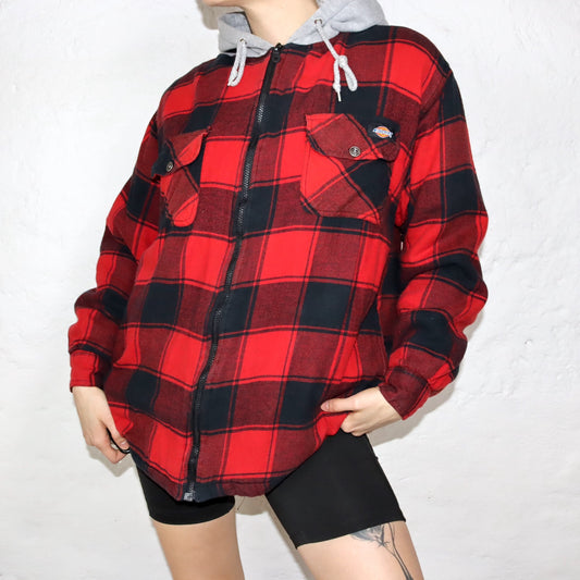Vintage 90s 00s Y2k DICKIES Workwear Flannel Shirt Jacket with Hood Lined Black Red L