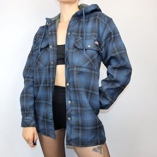 Vintage 90er 00er Y2k DICKIES Workwear Flanellhemd Jacke mit Kapuze blau schwarz S