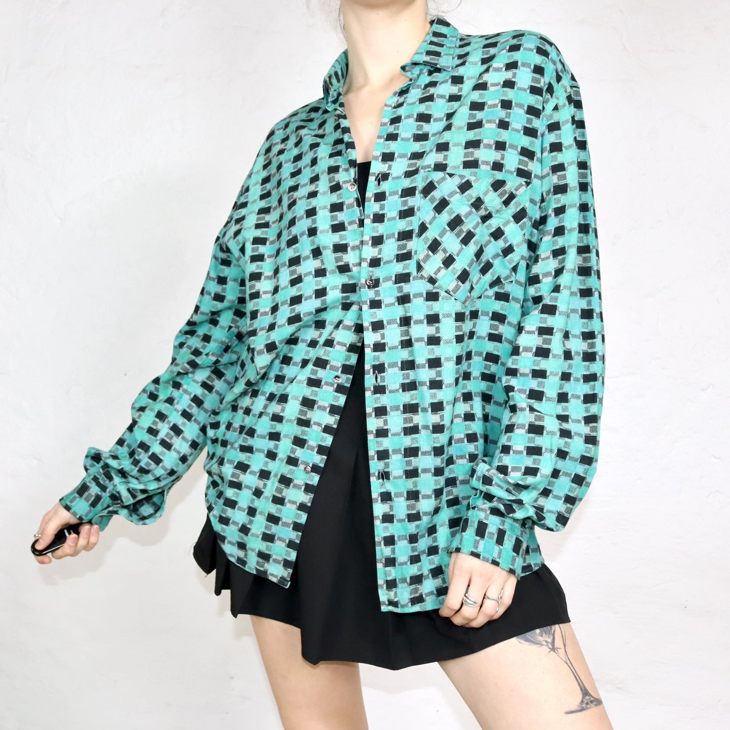 Vintage 80s 90s OHAIO shirt long sleeve crazy pattern checked black green L