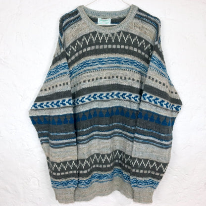 Vintage 80er 90er BENETTON Wollpullover Pullover wolle gemustert blau weiß grau 50 L