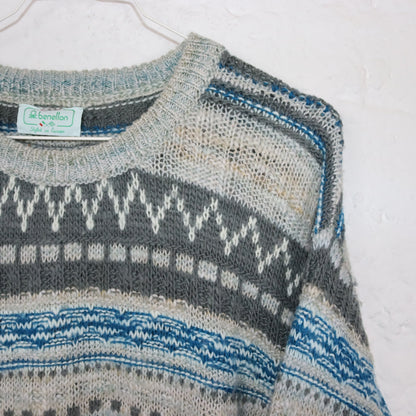 Vintage 80er 90er BENETTON Wollpullover Pullover wolle gemustert blau weiß grau 50 L