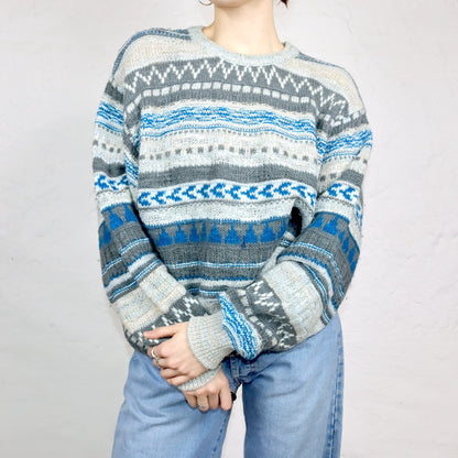 Vintage 80er 90er BENETTON Wollpullover Pullover wolle gemustert blau weiß grau 50 L